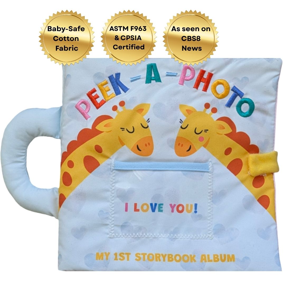 Soft cloth baby photo album with lift the flap pockets — personalized sensory book for newborns