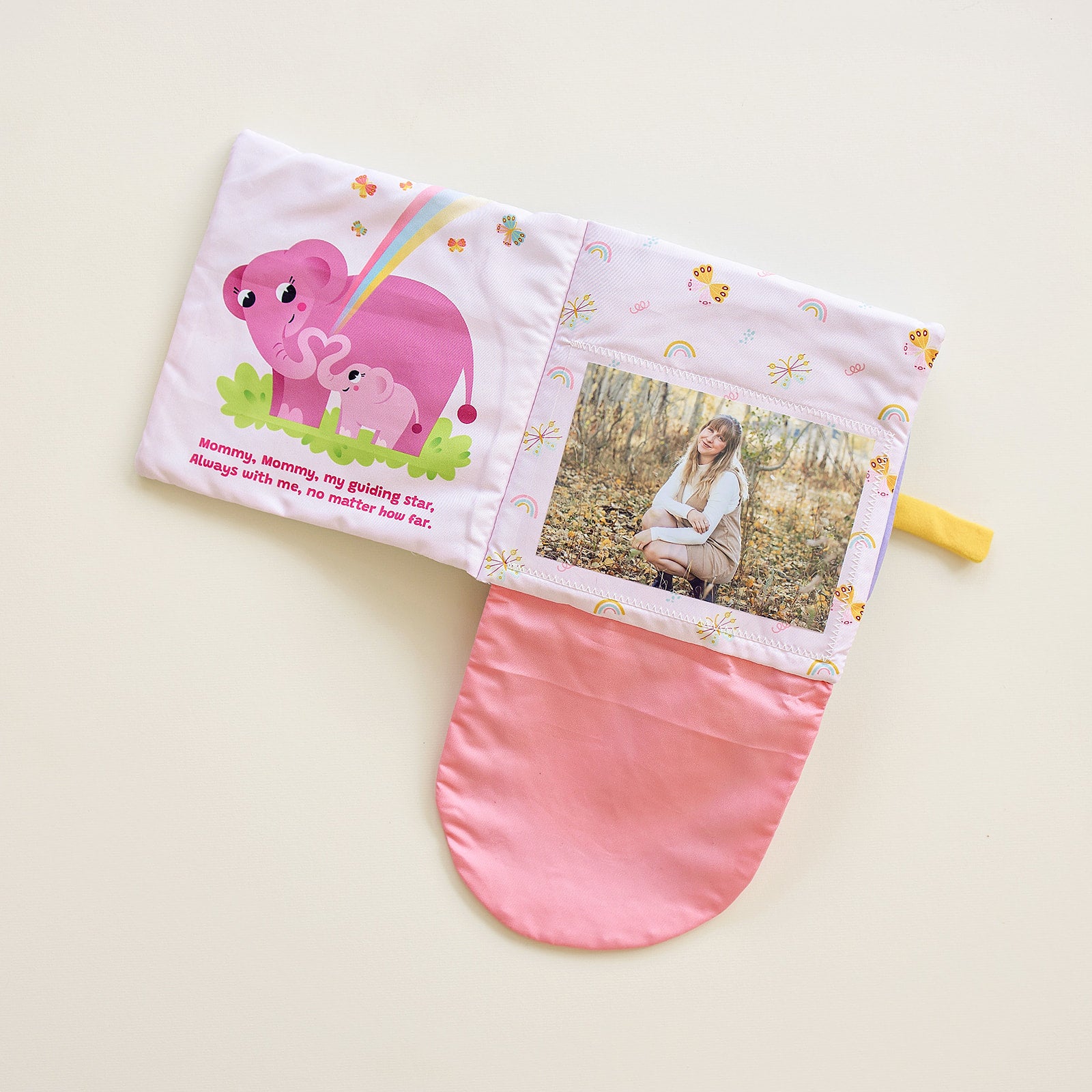 Interactive fabric photo album for babies featuring hidden picture pockets and cute animal designs